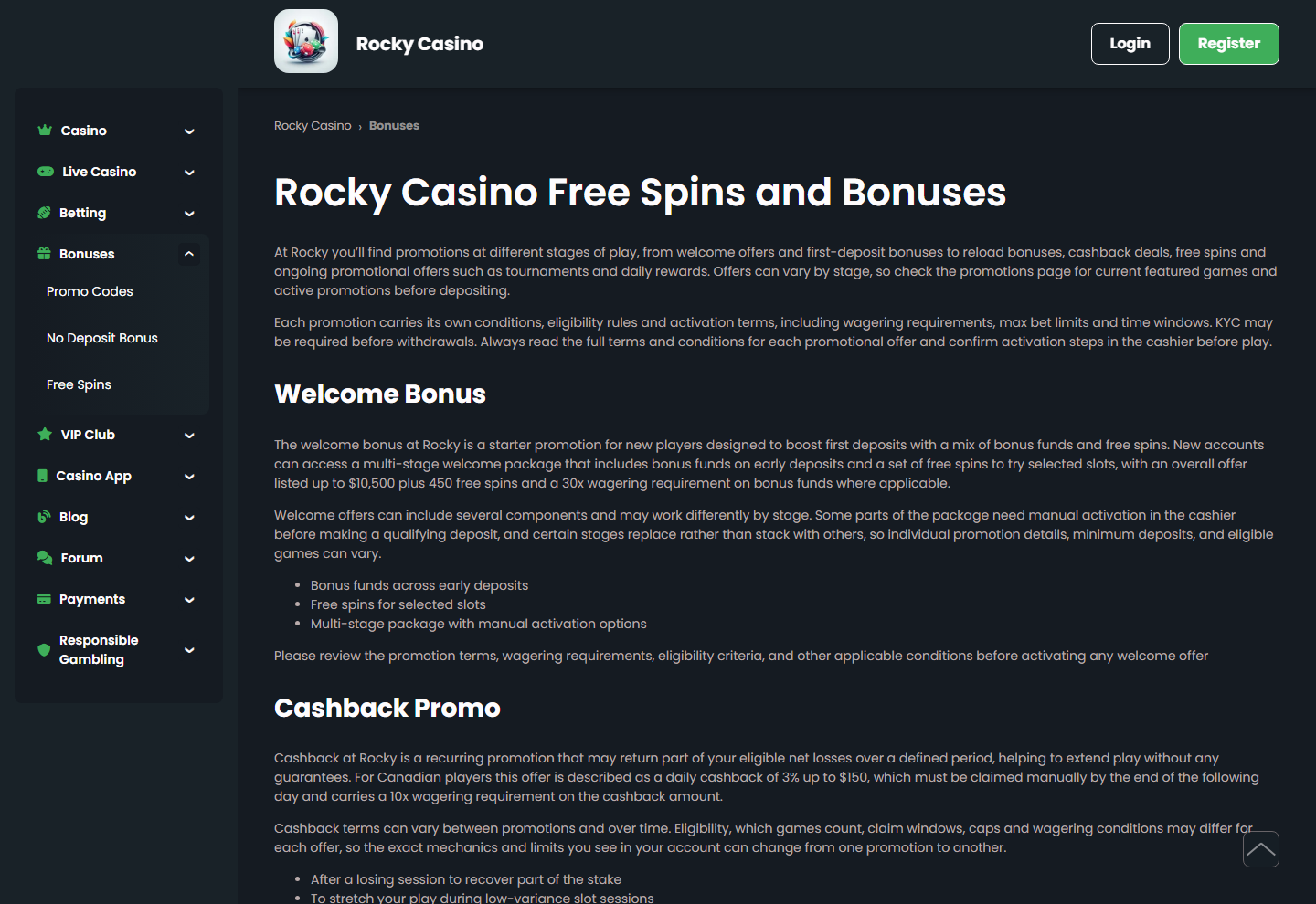 Rocky Casinos bonusside med den åbne undermenu til kampagnekoder, bonus uden indbetaling og gratis spins