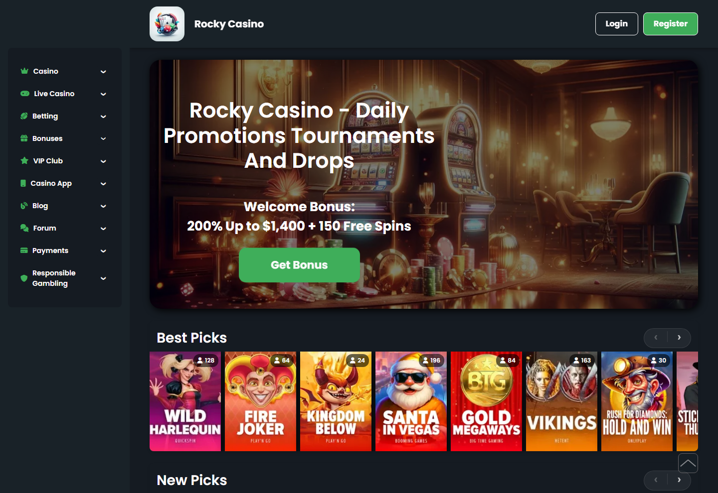 Forsiden af Rocky Casino 25. august 2026 med banneret for velkomstbonussen og spillelobbyen