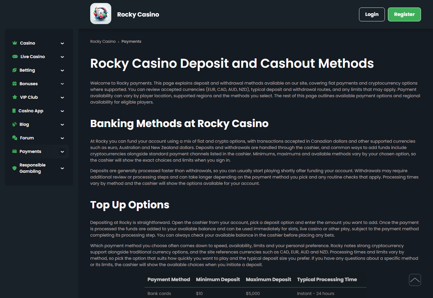 Betalingssiden hos Rocky Casino med metoder til indbetaling og udbetaling og deres grænser